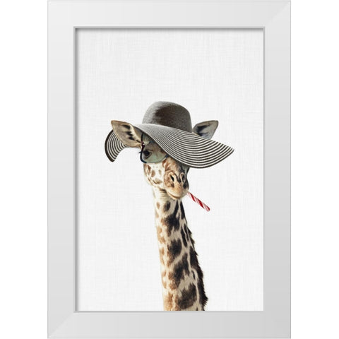 Giraffe Dressed in a Hat White Modern Wood Framed Art Print by Tai Prints