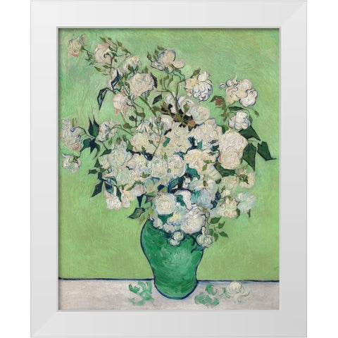 Roses, 1890 (Green Vase) White Modern Wood Framed Art Print by Van Gogh, Vincent