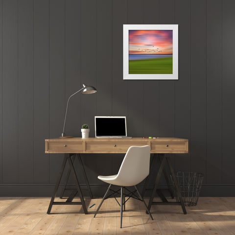 Birds In The Sunset White Modern Wood Framed Art Print by Vitomirov, Igor