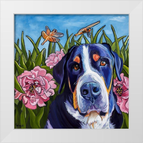 Dog and Dragonflies White Modern Wood Framed Art Print by Wronski, Kathryn