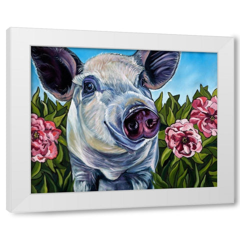 Pigs and Peonies White Modern Wood Framed Art Print by Wronski, Kathryn