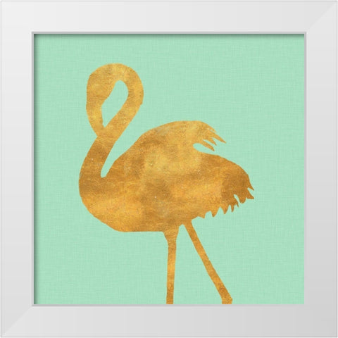Teal Gold Flamingo White Modern Wood Framed Art Print by Baliko, Linda