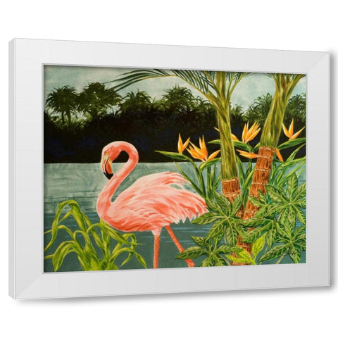 Tropical Flamingo I White Modern Wood Framed Art Print by Baliko, Linda