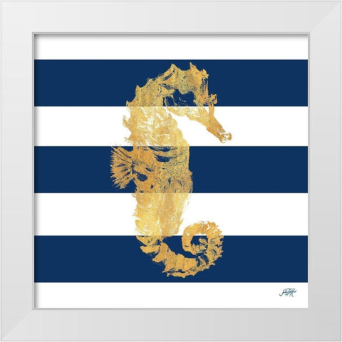 Gold Seahorse on Stripes I White Modern Wood Framed Art Print by DeRice, Julie
