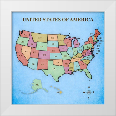 Map of the United States White Modern Wood Framed Art Print by Josefina