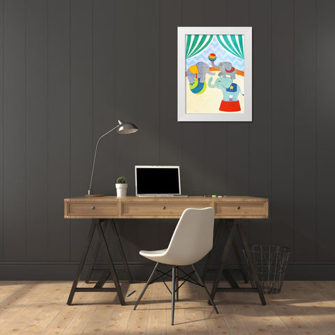 Elephants and Seals Center Stage I White Modern Wood Framed Art Print by SD Graphics Studio