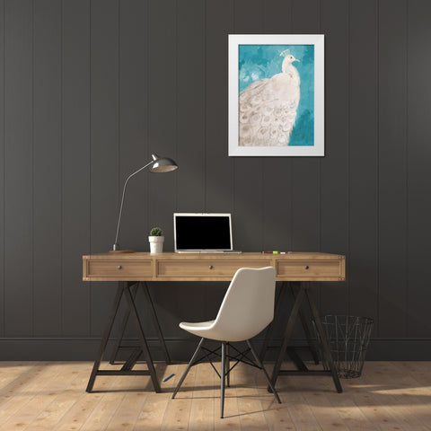 Royal Plume on Teal White Modern Wood Framed Art Print by Maria, Robin