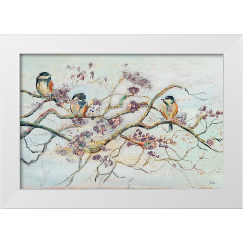 Birds On Cherry Blossom Branch White Modern Wood Framed Art Print by Pinto, Patricia