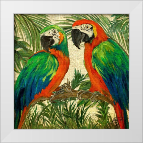 Island Birds Square on Burlap I White Modern Wood Framed Art Print by DeRice, Julie