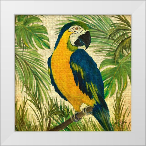 Island Birds Square on Burlap II White Modern Wood Framed Art Print by DeRice, Julie