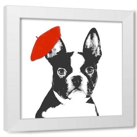 Red Beret Dog White Modern Wood Framed Art Print by SD Graphics Studio