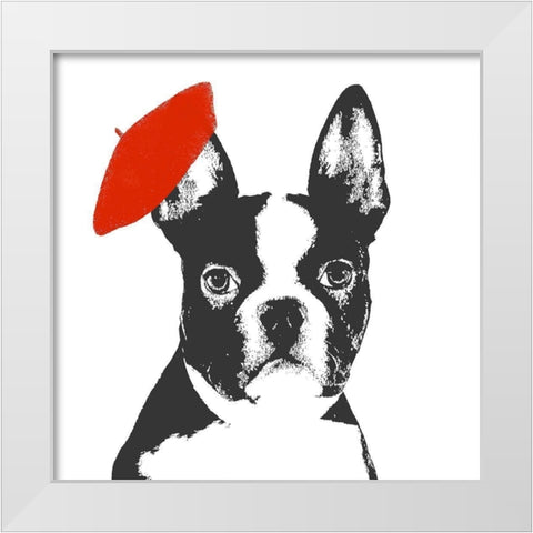Red Beret Dog White Modern Wood Framed Art Print by SD Graphics Studio