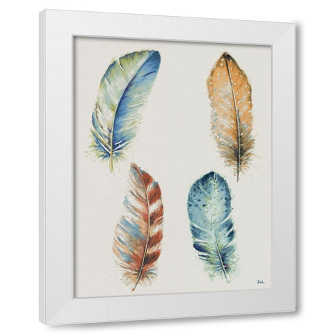 Four Colorful Feathers White Modern Wood Framed Art Print by Pinto, Patricia