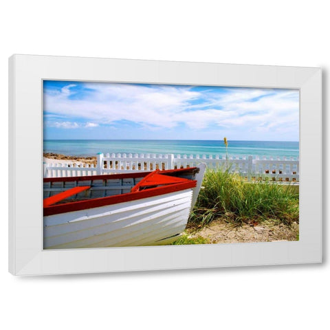 Boat By The Beach White Modern Wood Framed Art Print by Peck, Gail