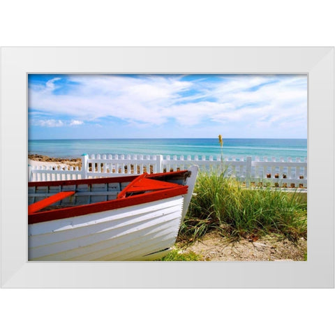 Boat By The Beach White Modern Wood Framed Art Print by Peck, Gail