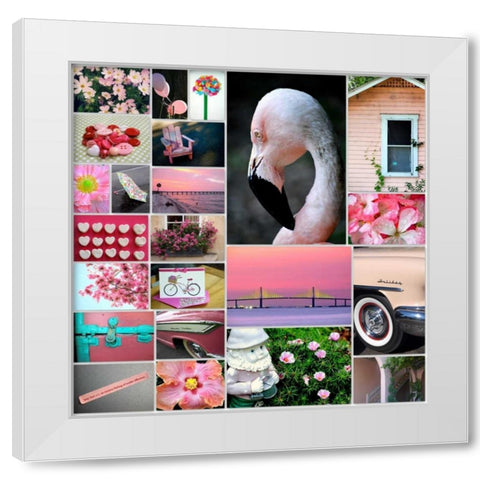 Pink Flamingo Collage White Modern Wood Framed Art Print by Peck, Gail