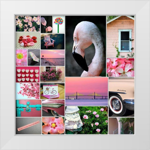 Pink Flamingo Collage White Modern Wood Framed Art Print by Peck, Gail