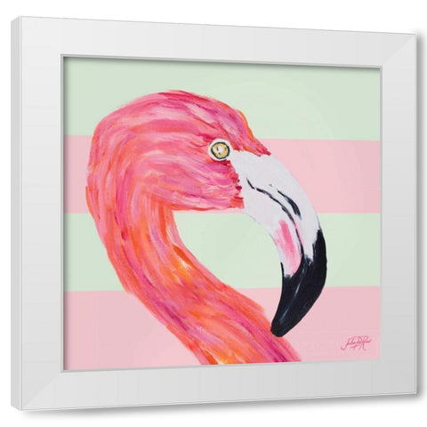 Flamingo on Stripes I White Modern Wood Framed Art Print by DeRice, Julie