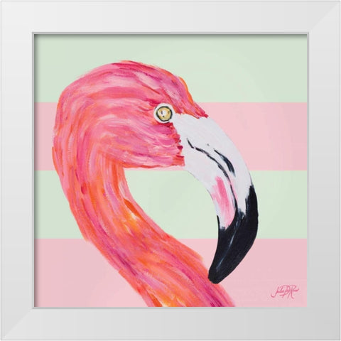 Flamingo on Stripes I White Modern Wood Framed Art Print by DeRice, Julie