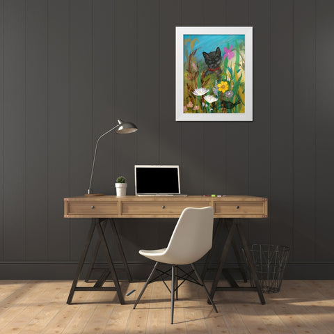 Cat in the Garden White Modern Wood Framed Art Print by Maria, Robin