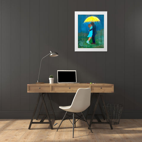 Kissing Under the Yellow Umbrella White Modern Wood Framed Art Print by Maria, Robin