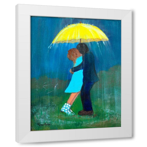 Kissing Under the Yellow Umbrella White Modern Wood Framed Art Print by Maria, Robin
