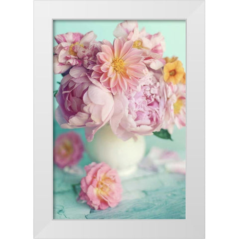 Peonies On Teal White Modern Wood Framed Art Print by Gardner, Sarah