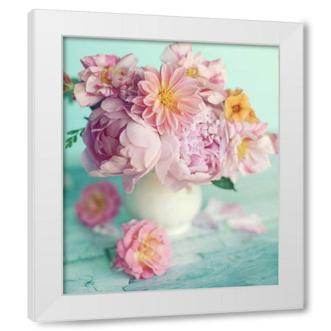 Peonies On Teal White Modern Wood Framed Art Print by Gardner, Sarah