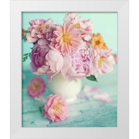Peonies On Teal White Modern Wood Framed Art Print by Gardner, Sarah