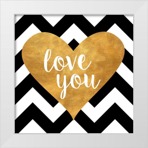 Gold Chevron Hearts Square I White Modern Wood Framed Art Print by SD Graphics Studio