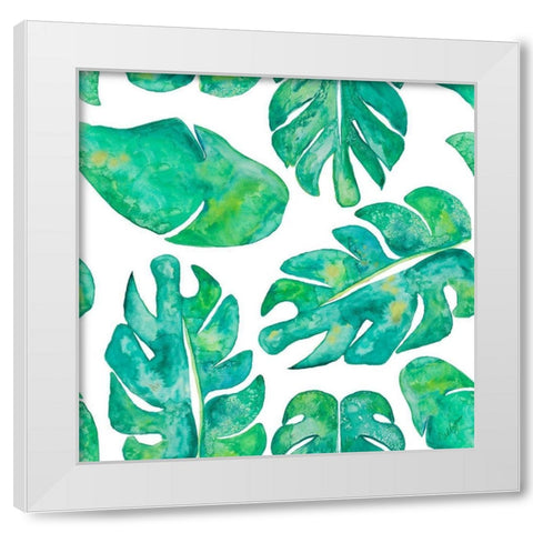 Aqua Leaves On White White Modern Wood Framed Art Print by Papa, Kat