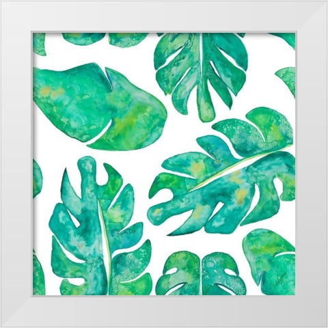 Aqua Leaves On White White Modern Wood Framed Art Print by Papa, Kat
