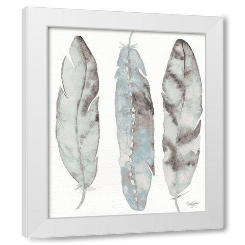 Three Blue Feathers White Modern Wood Framed Art Print by James, Nola