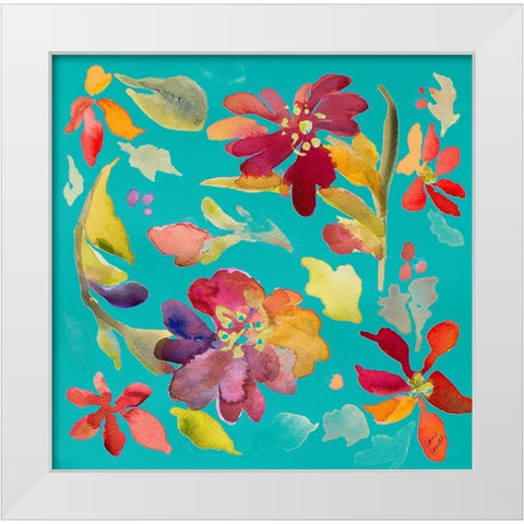 Floral Party On Teal White Modern Wood Framed Art Print by Loreth, Lanie