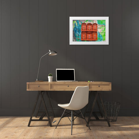City Mail Boxes White Modern Wood Framed Art Print by James, Nola