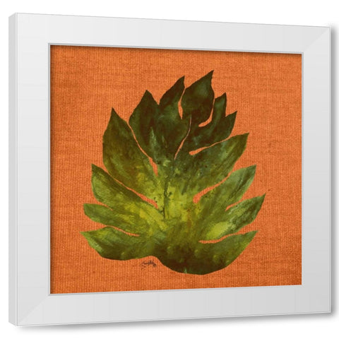 Leaf on Teal Burlap White Modern Wood Framed Art Print by Medley, Elizabeth