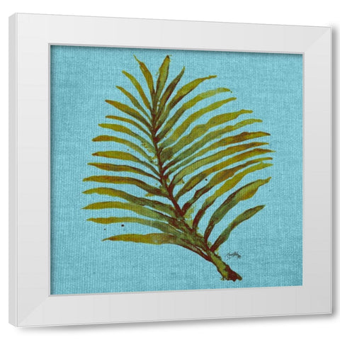 Leaf on Teal Burlap White Modern Wood Framed Art Print by Medley, Elizabeth