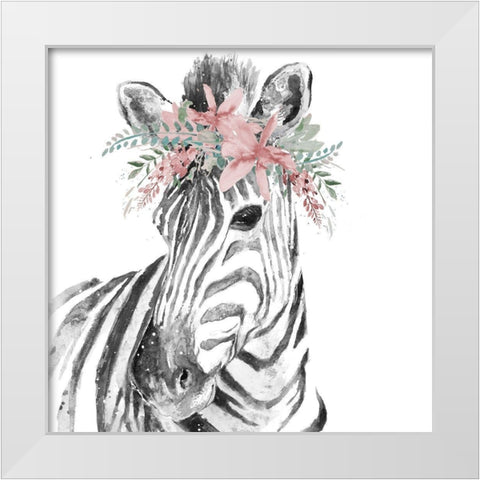 Water Zebra with Floral Crown Square White Modern Wood Framed Art Print by Pinto, Patricia