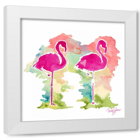 Sunset Flamingo Pair White Modern Wood Framed Art Print by James, Nola