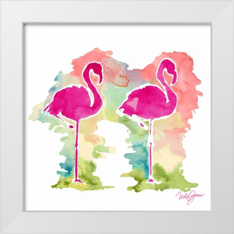 Sunset Flamingo Pair White Modern Wood Framed Art Print by James, Nola