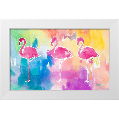 Sunset Flamingo Color Flow White Modern Wood Framed Art Print by James, Nola