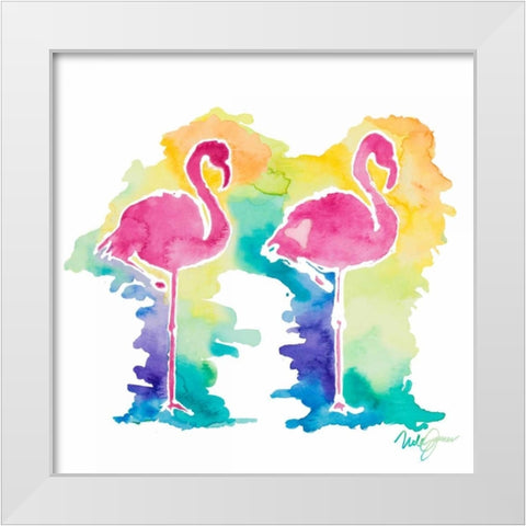 Sunset Flamingo Square I White Modern Wood Framed Art Print by James, Nola