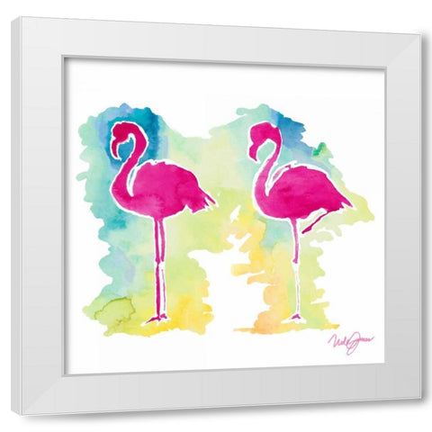 Sunset Flamingo White Modern Wood Framed Art Print by James, Nola