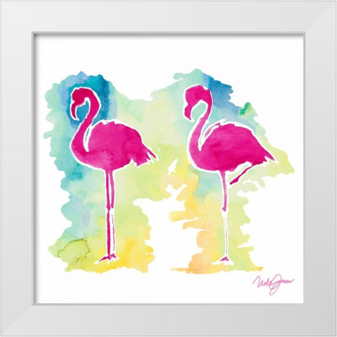Sunset Flamingo White Modern Wood Framed Art Print by James, Nola