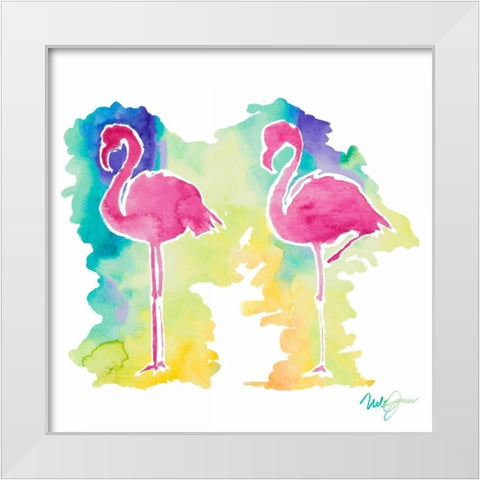 Sunset Flamingo Square II White Modern Wood Framed Art Print by James, Nola