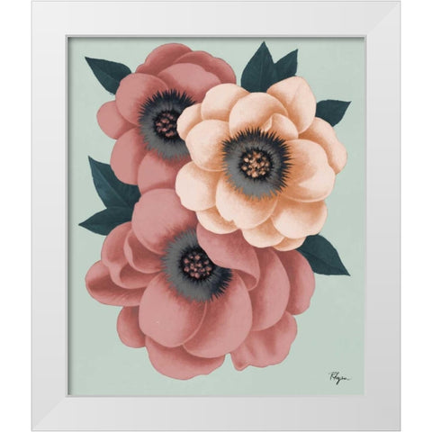 Pink Flowers on Mint I White Modern Wood Framed Art Print by Rhyan, Vivien