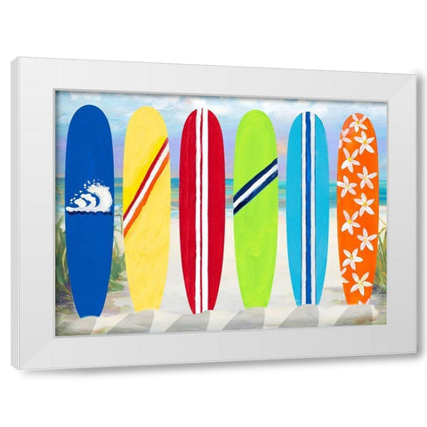 Surf Boards on the Beach White Modern Wood Framed Art Print by DeRice, Julie