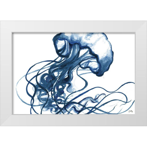 Jellyfish In The Blues White Modern Wood Framed Art Print by Medley, Elizabeth