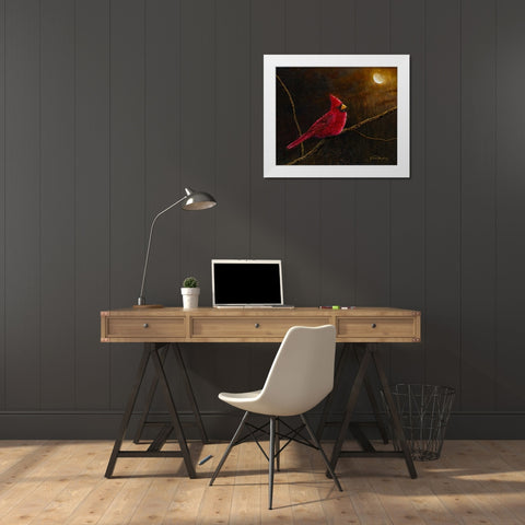 Cardinal In The Moonlight White Modern Wood Framed Art Print by Redding, James