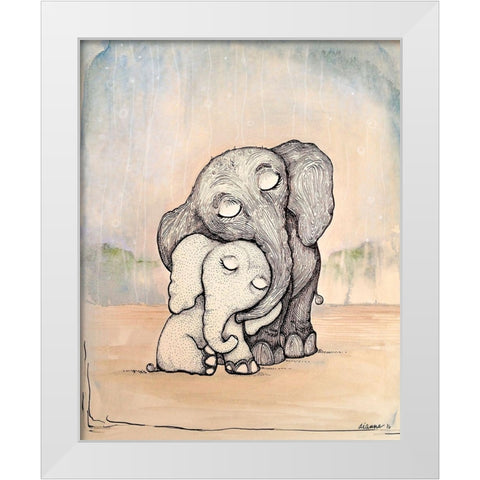 Whimsical Mom and Baby Elephant White Modern Wood Framed Art Print by Diannart